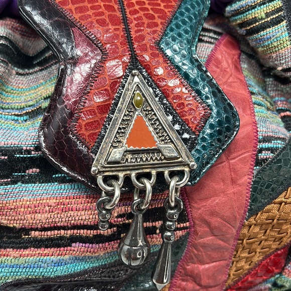 Sharif Large Python Croc Ikat Leather Drawstring Snap Flap Bucket Shoulder Bag - Picture 11 of 16